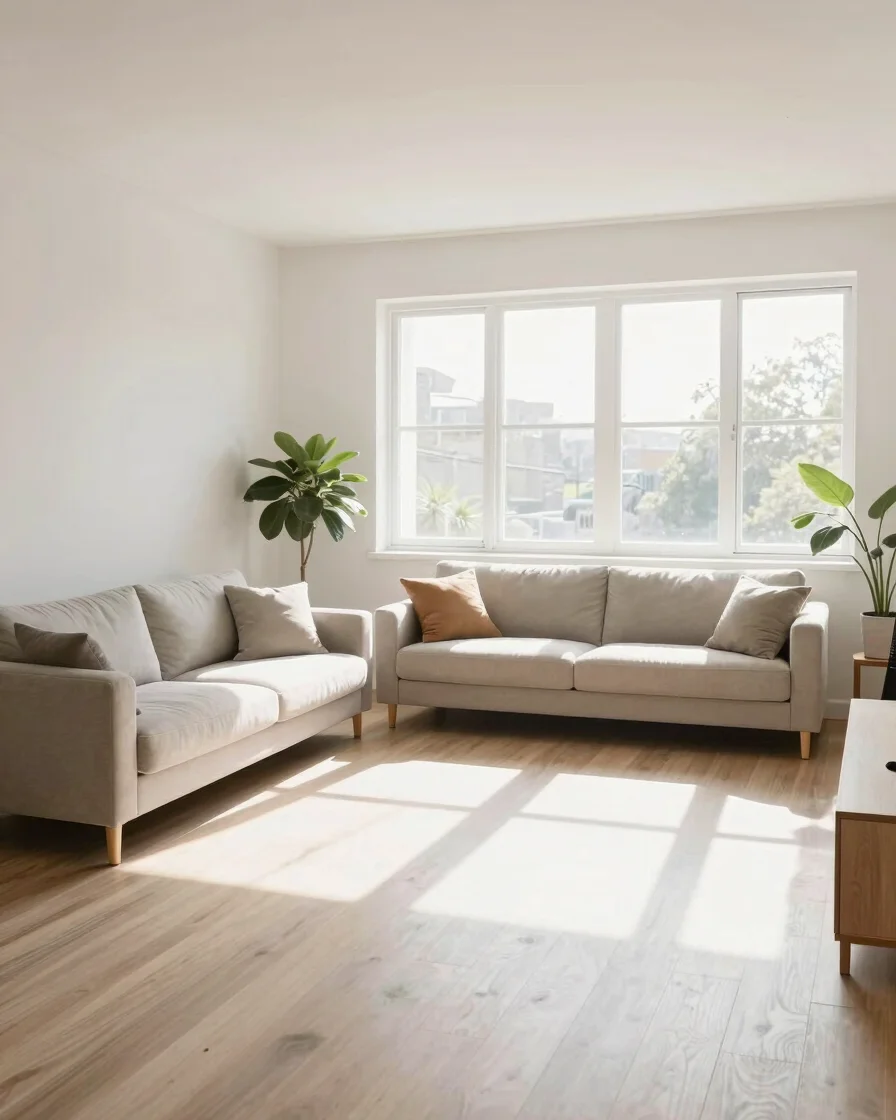 Bright, sunlit modern living room, impeccably clean, fresh neutral tones, soft natural daylight, 35mm lens, wide archite