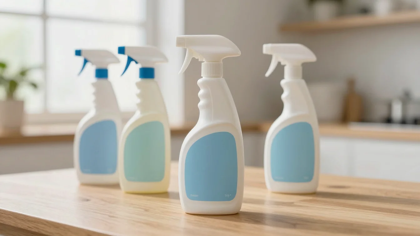 Close-up of non-toxic cleaning supplies on a natural wood surface, soft natural daylight