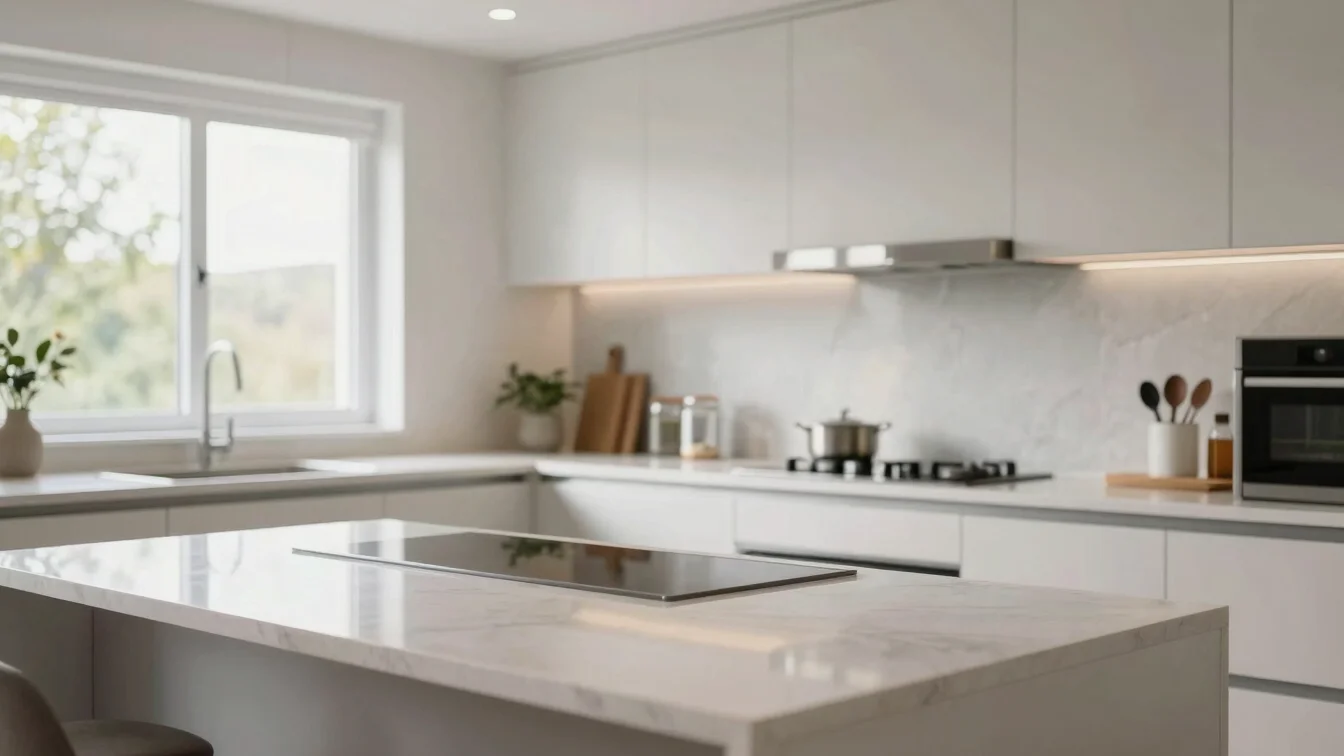 Impeccably organized modern kitchen, sparkling countertops, soft natural daylight