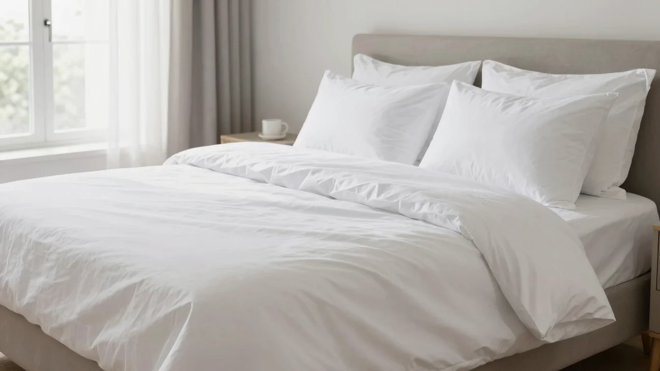 Neatly styled bedding in a sunlit bedroom, crisp white linens, fresh neutral tones